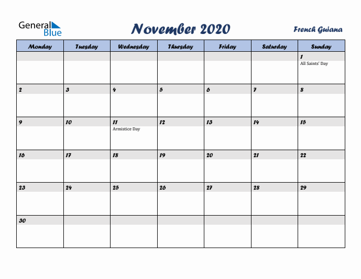 November 2020 Calendar with Holidays in French Guiana