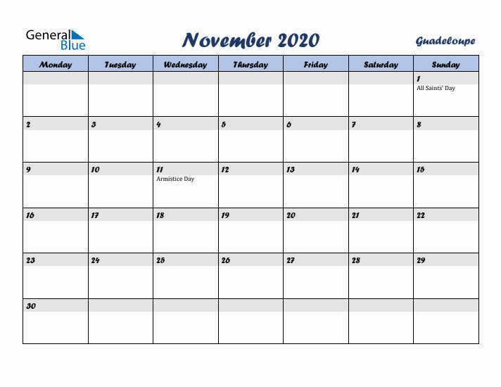 November 2020 Calendar with Holidays in Guadeloupe