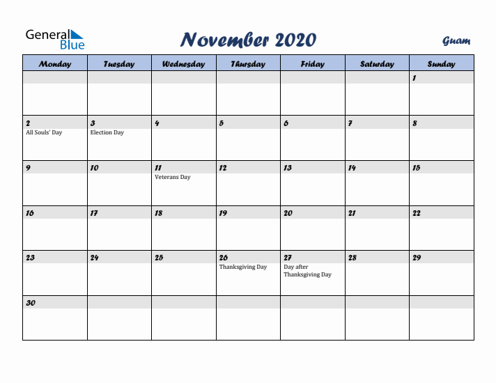November 2020 Calendar with Holidays in Guam