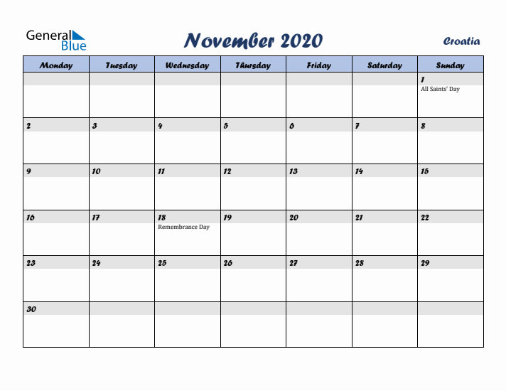 November 2020 Calendar with Holidays in Croatia