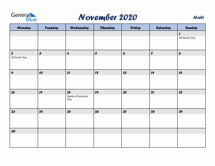 November 2020 Calendar with Holidays in Haiti