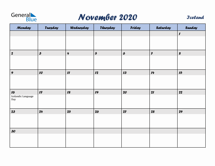 November 2020 Calendar with Holidays in Iceland