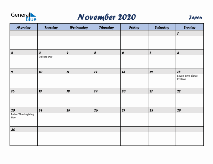 November 2020 Calendar with Holidays in Japan