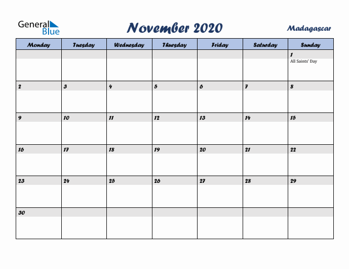 November 2020 Calendar with Holidays in Madagascar