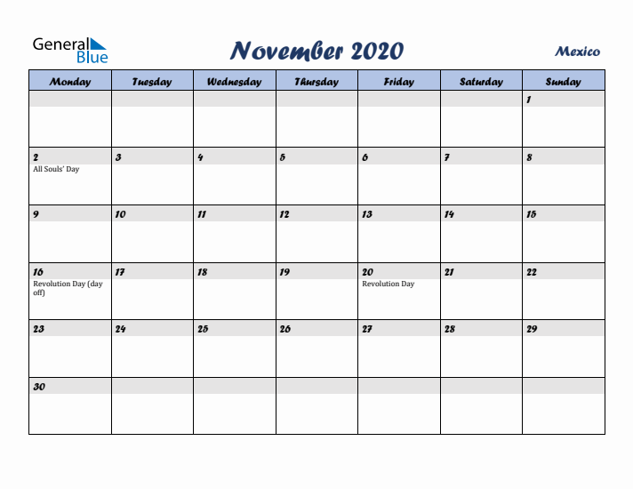 November 2020 Calendar with Holidays in Mexico