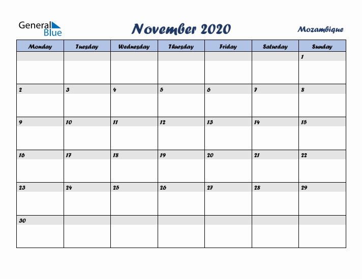 November 2020 Calendar with Holidays in Mozambique