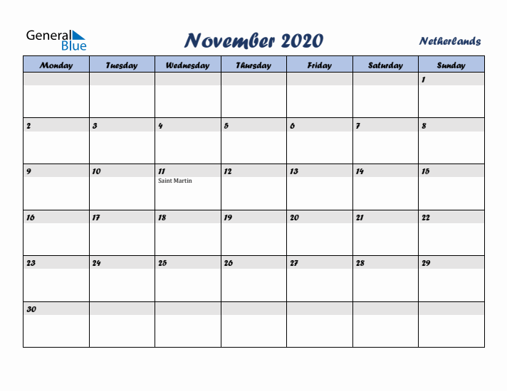 November 2020 Calendar with Holidays in The Netherlands