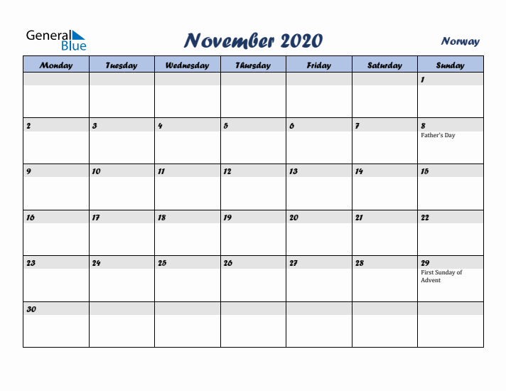November 2020 Calendar with Holidays in Norway