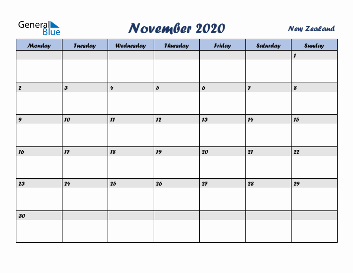 November 2020 Calendar with Holidays in New Zealand