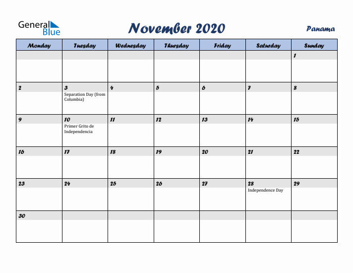 November 2020 Calendar with Holidays in Panama