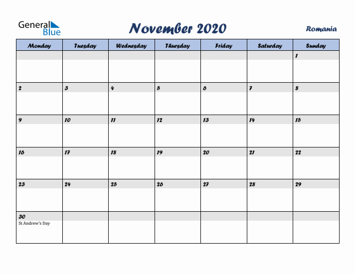 November 2020 Calendar with Holidays in Romania