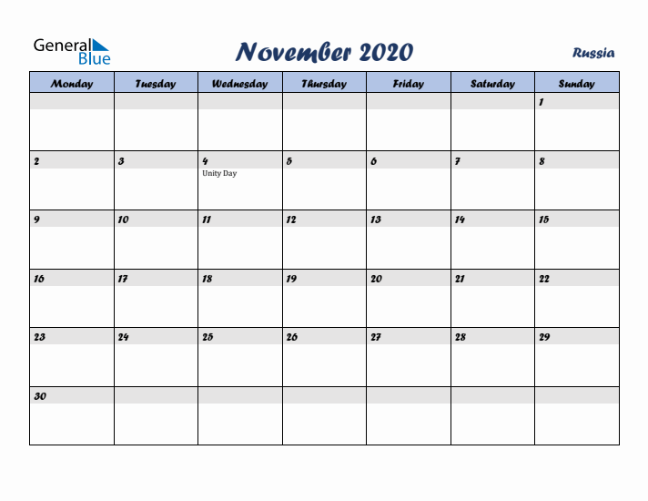 November 2020 Calendar with Holidays in Russia