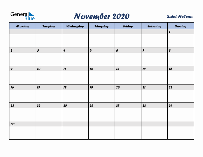 November 2020 Calendar with Holidays in Saint Helena