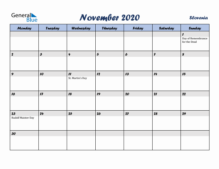 November 2020 Calendar with Holidays in Slovenia