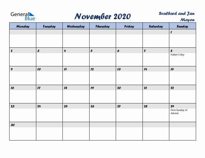 November 2020 Calendar with Holidays in Svalbard and Jan Mayen