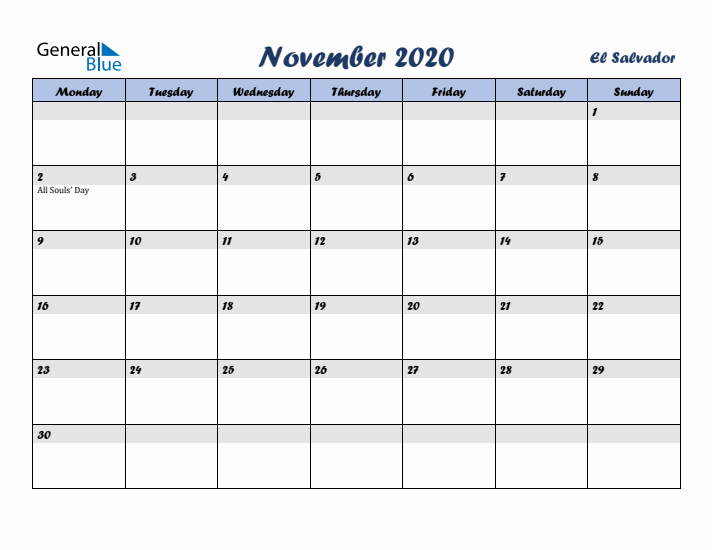 November 2020 Calendar with Holidays in El Salvador