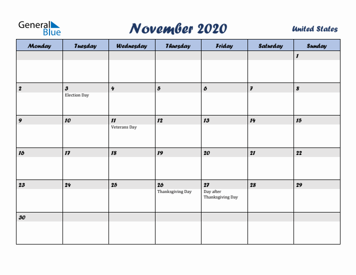 November 2020 Calendar with Holidays in United States