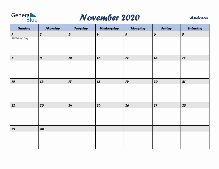 November 2020 Calendar with Holidays in Andorra
