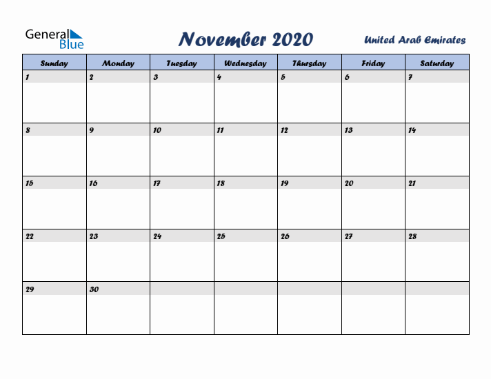 November 2020 Calendar with Holidays in United Arab Emirates