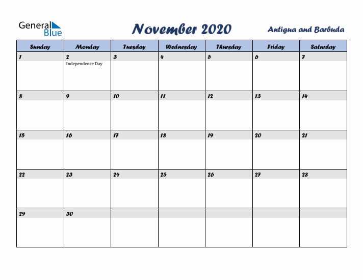 November 2020 Calendar with Holidays in Antigua and Barbuda