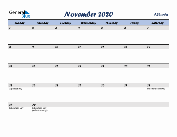 November 2020 Calendar with Holidays in Albania