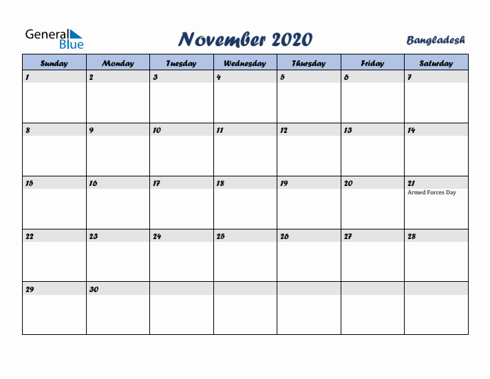 November 2020 Calendar with Holidays in Bangladesh