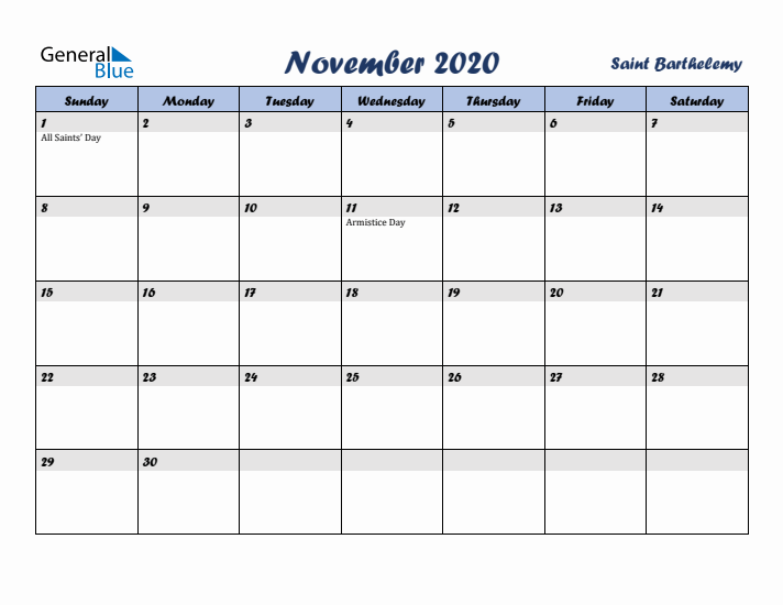 November 2020 Calendar with Holidays in Saint Barthelemy