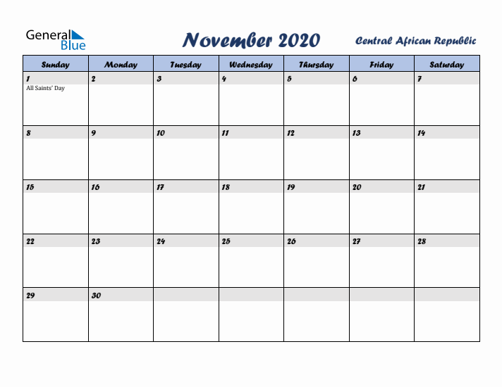 November 2020 Calendar with Holidays in Central African Republic