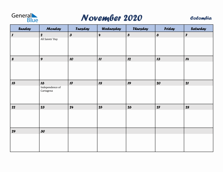 November 2020 Calendar with Holidays in Colombia
