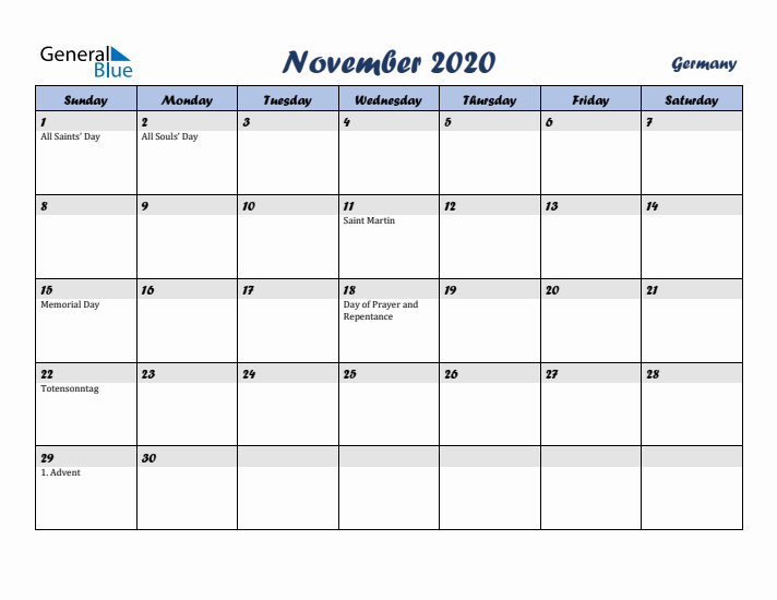 November 2020 Calendar with Holidays in Germany