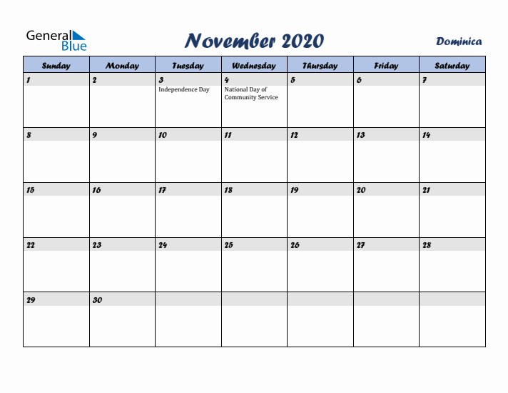 November 2020 Calendar with Holidays in Dominica
