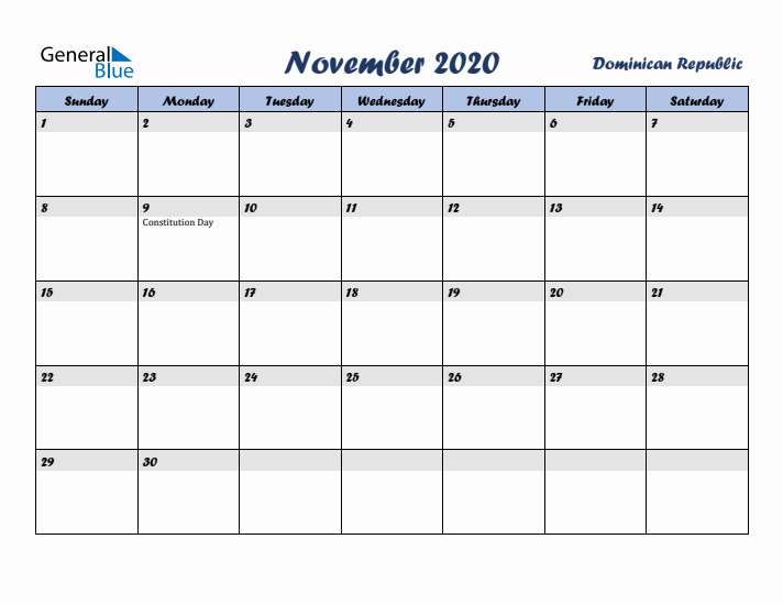 November 2020 Calendar with Holidays in Dominican Republic