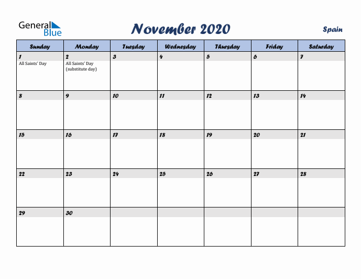 November 2020 Calendar with Holidays in Spain