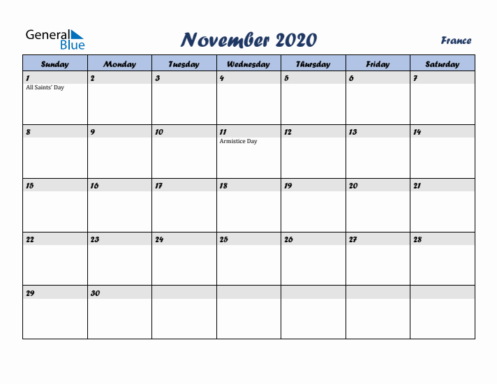November 2020 Calendar with Holidays in France