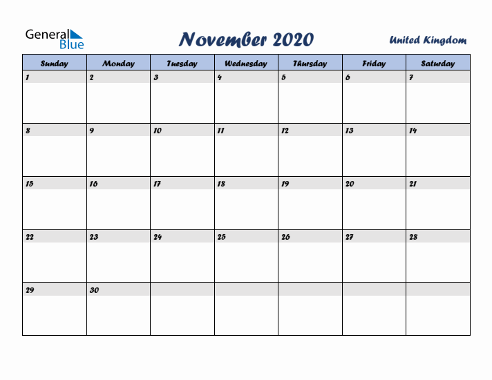 November 2020 Calendar with Holidays in United Kingdom