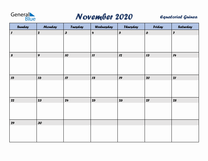 November 2020 Calendar with Holidays in Equatorial Guinea