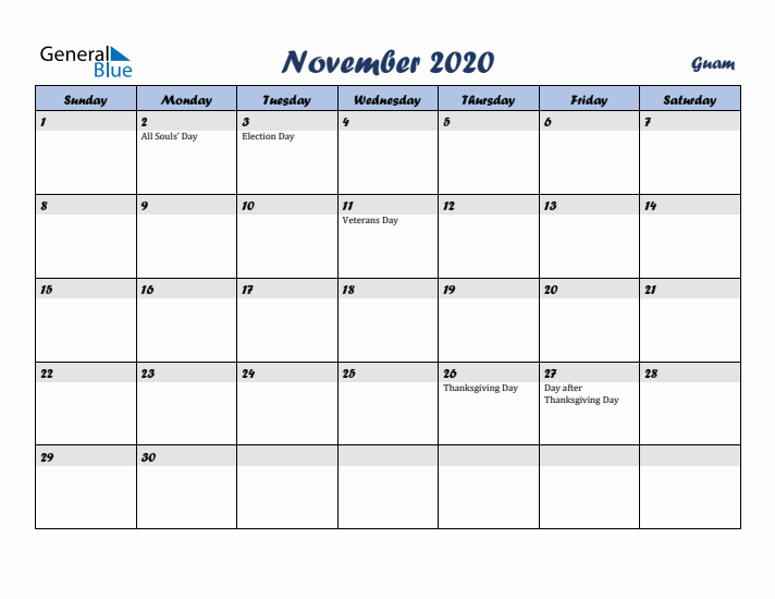 November 2020 Calendar with Holidays in Guam