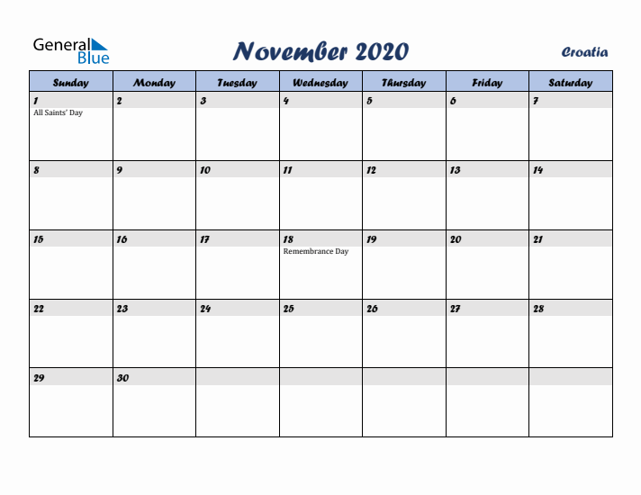 November 2020 Calendar with Holidays in Croatia
