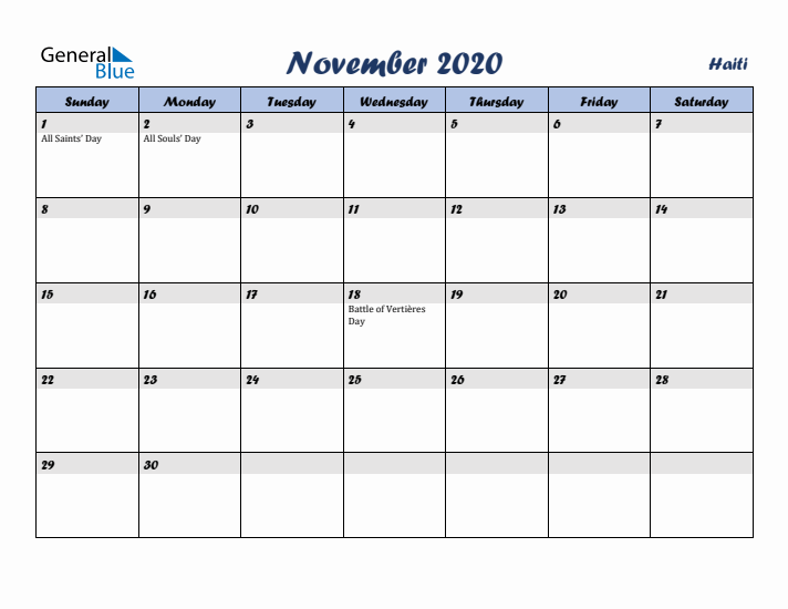November 2020 Calendar with Holidays in Haiti