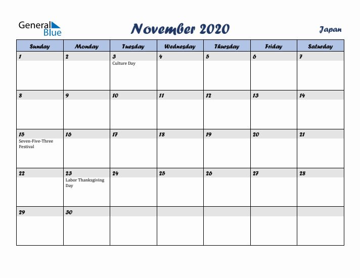 November 2020 Calendar with Holidays in Japan