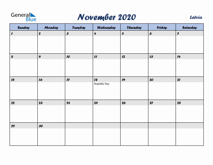 November 2020 Calendar with Holidays in Latvia