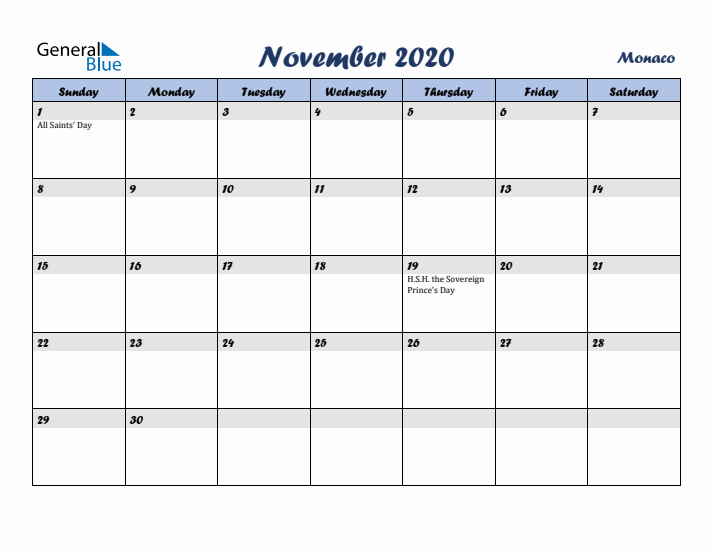 November 2020 Calendar with Holidays in Monaco