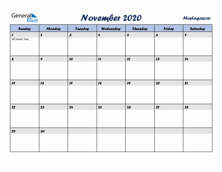 November 2020 Calendar with Holidays in Madagascar