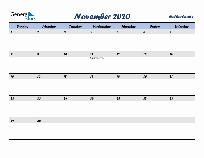 November 2020 Calendar with Holidays in The Netherlands