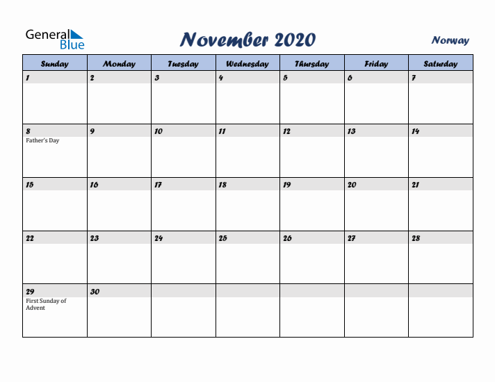 November 2020 Calendar with Holidays in Norway