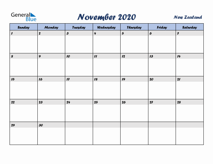 November 2020 Calendar with Holidays in New Zealand