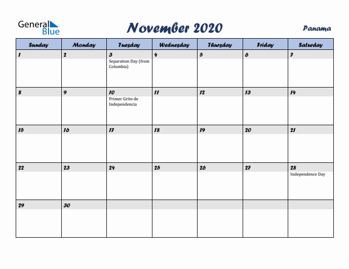November 2020 Calendar with Holidays in Panama