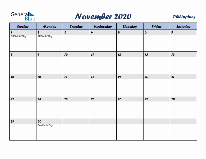November 2020 Calendar with Holidays in Philippines