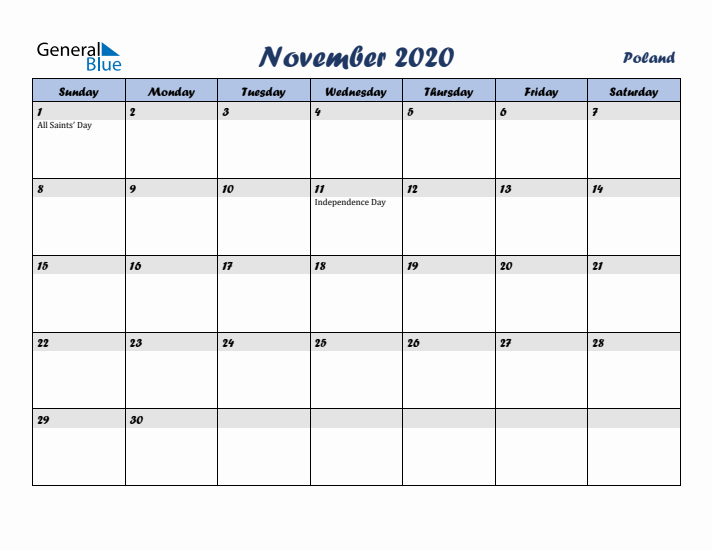 November 2020 Calendar with Holidays in Poland