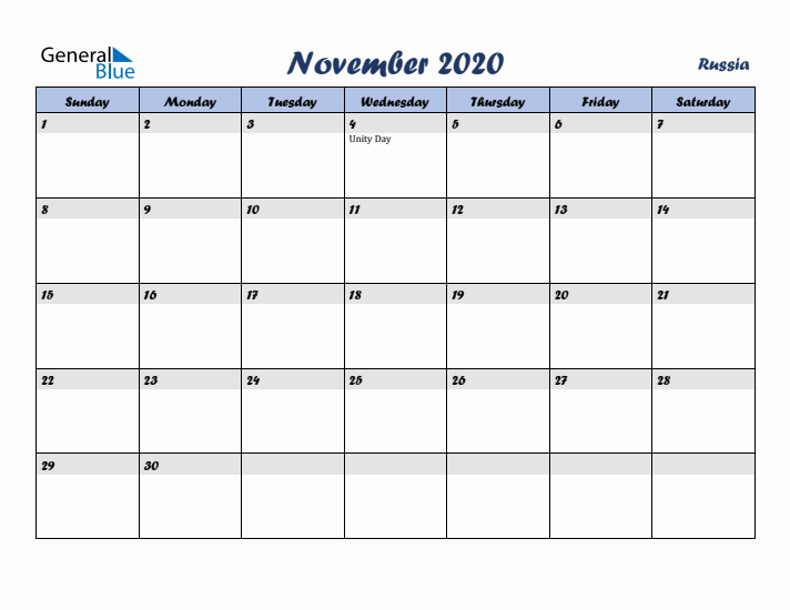 November 2020 Calendar with Holidays in Russia